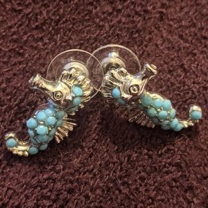 Seahorse earrings, teal & silver